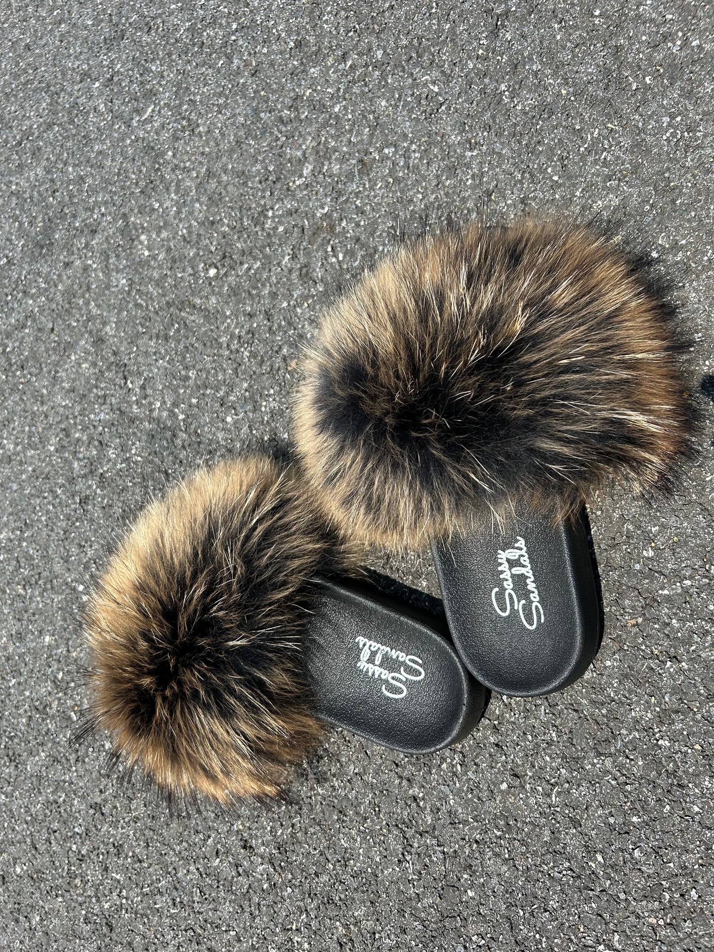 Brown Fluffy Fur Slides