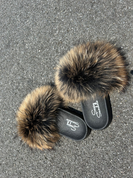 Brown Fluffy Fur Slides